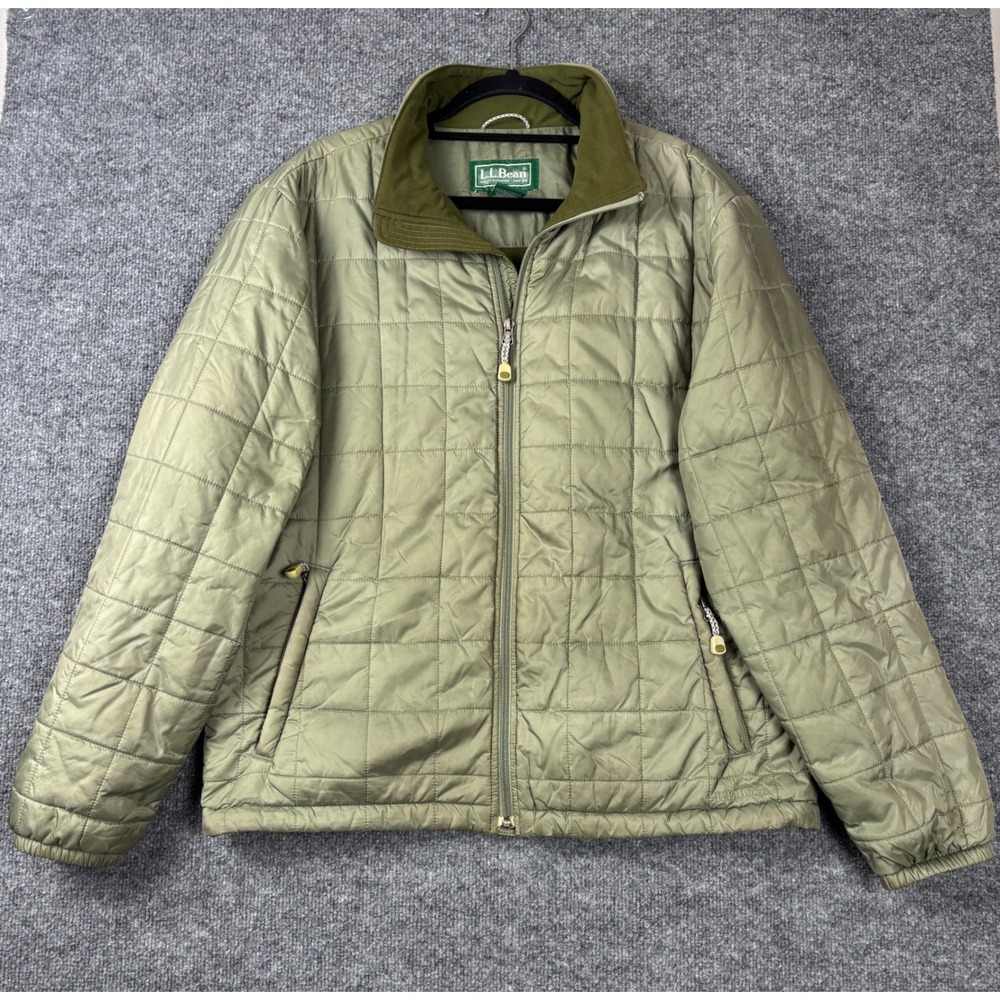 Vintage LL Bean Puffer Jacket Men Medium Olive Green Primaloft Quilted Full Zip